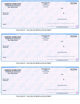 Three checks with a blue background and a pink line.