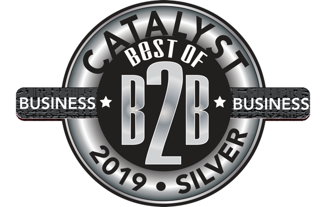 A silver award with the words catalyst best of b 2 b in it.