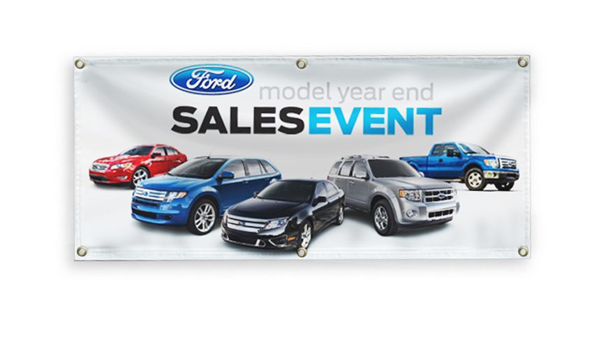 A banner with cars and trucks on it.